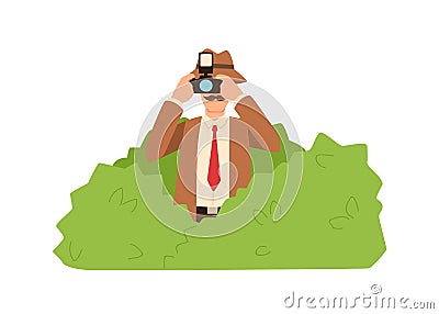 Professional male private detective hiding in bushes making photo vector flat illustration. Cartoon funny spy Vector Illustration