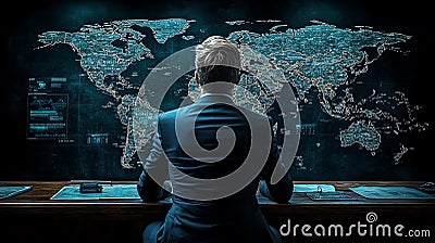 Professional man analyzing global data on interactive digital map screen Stock Photo
