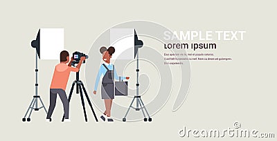 Professional man photographer using dslr camera on tripod shooting african american woman model girl posing modern photo Vector Illustration