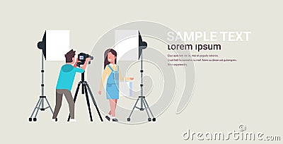 Professional man photographer using dslr camera on tripod shooting beautiful woman model girl posing modern photo studio Vector Illustration