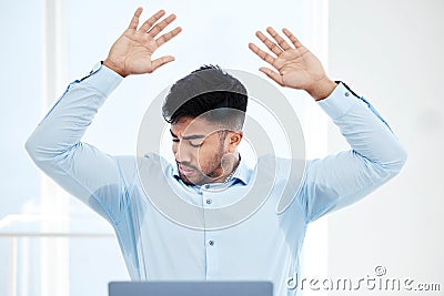 Professional, man and sweat on shirt at the office with anxiety stress as an entrepreneur. Male person, armpit and Stock Photo