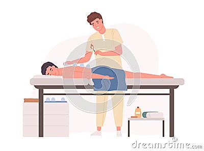 Professional massage therapist practicing vacuum cupping body therapy in salon. Patient enjoying wellness SPA Vector Illustration