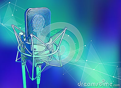 professional microphone on a cold blue-green technological background Vector Illustration