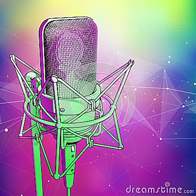 Professional microphone on a cold blue-green technological background is surrounded by a sound wave Vector Illustration