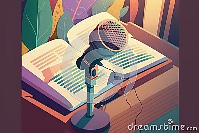 Professional microphones placed in a press room. Created with generative AI technology. Stock Photo