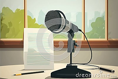 Professional microphones placed in a press room. Created with generative AI technology. Stock Photo