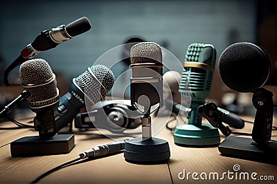 Professional microphones placed in a press room. Created with generative AI technology. Stock Photo