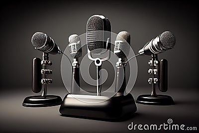 Professional microphones placed in a press room. Created with generative AI technology. Stock Photo