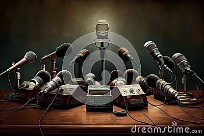 Professional microphones placed in a press room. Created with generative AI technology. Stock Photo