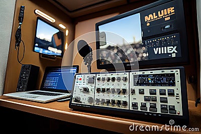 Professional microphones placed in a press room. Created with generative AI technology. Stock Photo