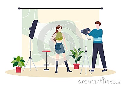 Professional Model Template Hand Drawn Cartoon Flat Illustration with Photographer Takes a Picture of a Posing Models Design Vector Illustration