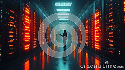 A professional monitors glowing server racks in a spacious data center, ensuring data security and system efficiency Stock Photo
