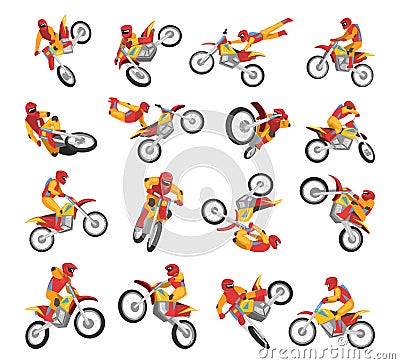 Professional motorcycle racers. Motorbike riders set cartoon vector illustration Vector Illustration