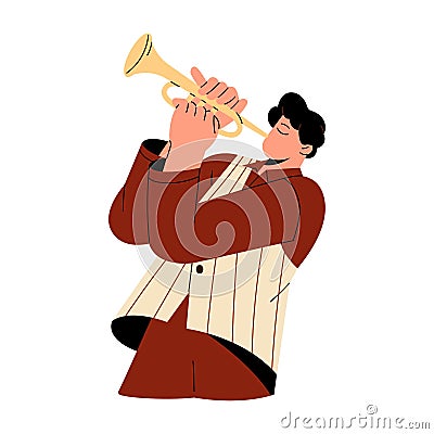 Professional musician blowing in golden horn. Young man performs on wind instrument. Blues performer plays trumpet solo Vector Illustration