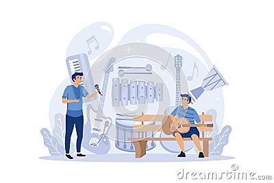 Professional musician concept. Woman playing grand piano and man with accordion. Vector Illustration