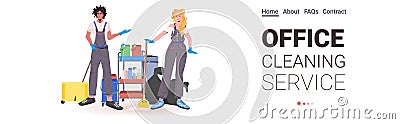 Professional office cleaners mix race man woman janitors in uniform with cleaning equipment standing together Vector Illustration