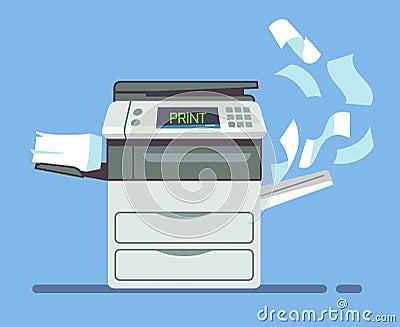 Professional office copier, multifunction printer printing paper documents vector illustration Vector Illustration