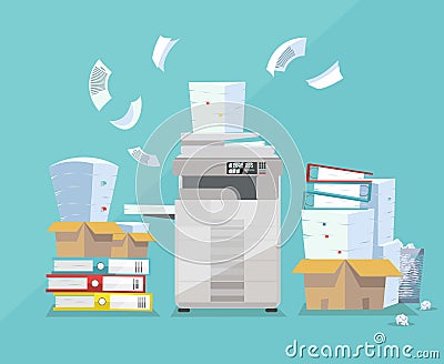 Professional office copier, multifunction scanner printer printing paper documents with pile of documents, stack of papers in Cartoon Illustration