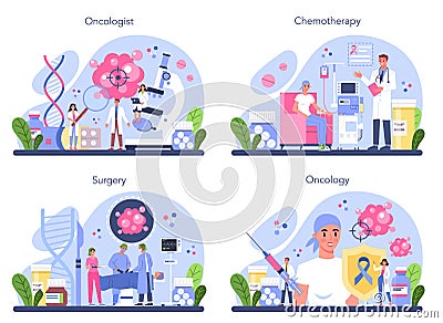 Professional oncologist set. Cancer disease diagnostic and treatment Cartoon Illustration