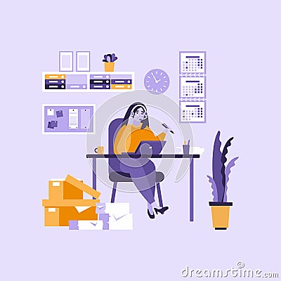 Professional operator of customer support service working on computer. Young operator of technical support at work. Concept of Cartoon Illustration