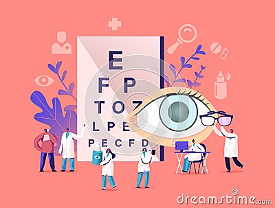 Professional Optician Exam for Glaucoma Vision Treatment. Ophthalmologist Doctor Character Check Eyesight for Eyeglasses Vector Illustration