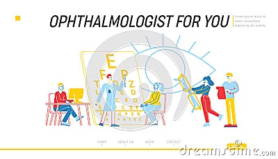 Professional Optician Exam Landing Page Template. Vision Treatment, . Ophthalmologist Doctor Character Check Eyesight Vector Illustration