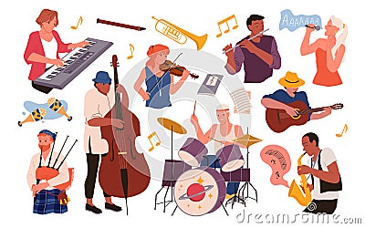Professional orchestra, musical leisure hobby time, singers and band concert performance, drummer and guitarist vector Cartoon Illustration