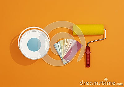 Professional painter work tools on orange background Stock Photo