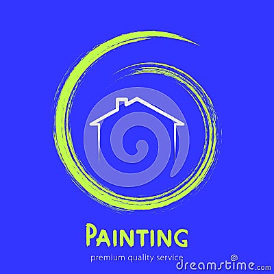 Professional Painting Services Logo. House silhouette and brush stroke. Abstract hand painted colorful textured ink brush on blue Vector Illustration