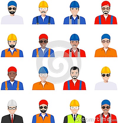 Professional people concept. Set of different colorful profession man flat style icons isolated on white background: worker, build Stock Photo