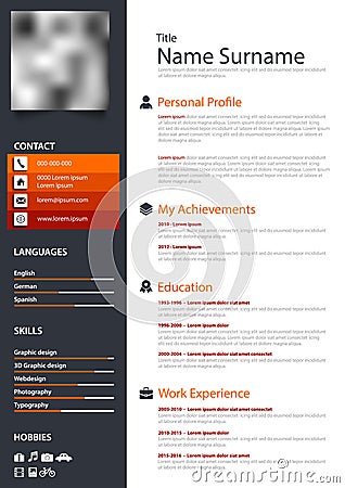 Professional personal resume cv in orange dark and white design Vector Illustration
