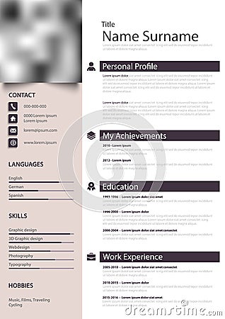 Professional personal resume cv in simple purple design Vector Illustration