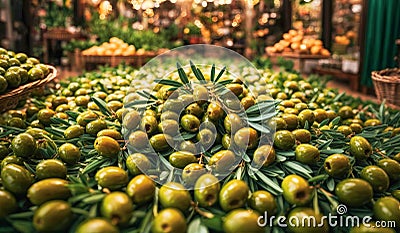 Professional photo of delicious green olives freshly harvested in the market Stock Photo