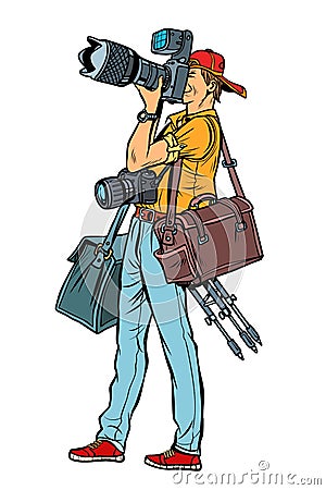 Professional photographer with camera and equipment. Isolate on Vector Illustration
