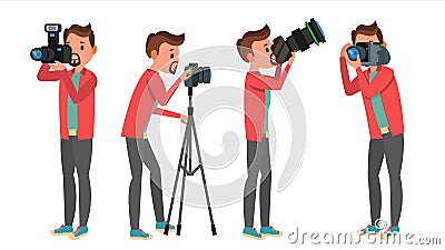 Professional Photographer Vector. Male In Different Poses. Lights And Cameras. Creative Occupation. Profession. Tripod Vector Illustration