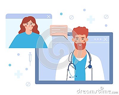 Professional physician consulting woman over Internet Vector Illustration