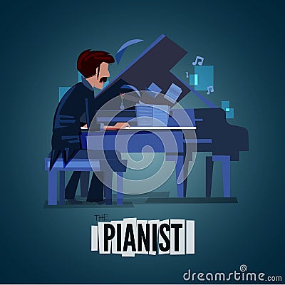 Professional Pianist playing music. character design. music inst Cartoon Illustration