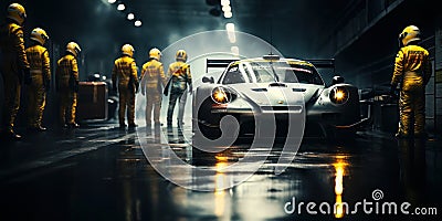 Professional pit crew ready for action as their teams race car arrives in the pit lane during a pitstop of a car race concept of Stock Photo