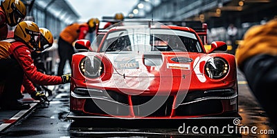 Professional pit crew ready for action as their teams race car arrives in the pit lane during a pitstop of a car race concept of Stock Photo