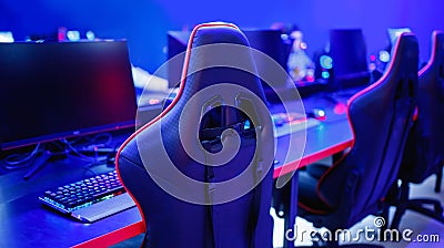 Professional place streamer video gamers room with computer. Cyber sport championship neon color lights Stock Photo