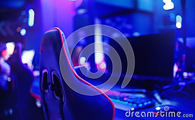 Professional place streamer video gamers room with computer. Cyber sport championship neon color lights Stock Photo