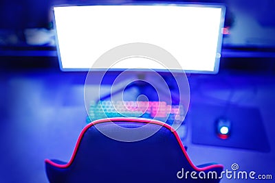 Professional place streamer video gamers room with computer. Cyber sport championship neon color lights Stock Photo