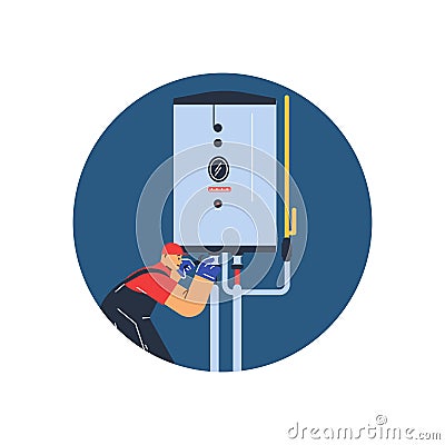 Plumber man installing water heater, boiler, vector heating engineer at work, they are checking the boiler and plumbing Vector Illustration