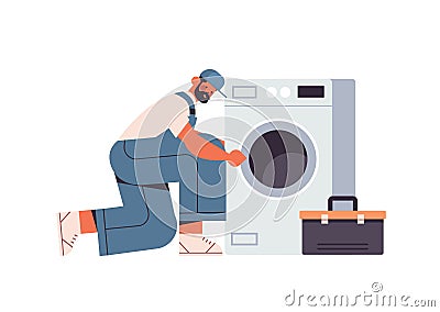 Professional plumber technician in uniform repairing washing machine repair service concept Vector Illustration