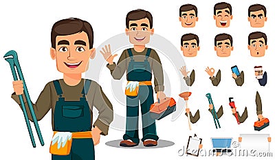 Professional plumber in uniform, pack of body parts, emotions and things. Vector Illustration