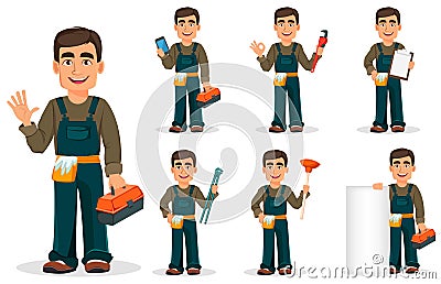 Professional plumber in uniform, set of seven poses. Vector Illustration