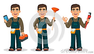 Professional plumber in uniform, set of three poses. Vector Illustration