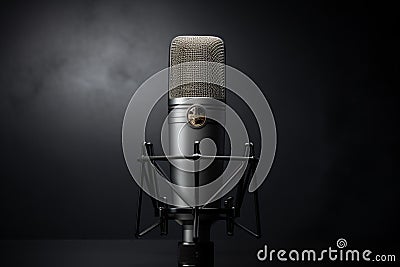 Professional podcast microphone set against a sleek gray studio backdrop Stock Photo