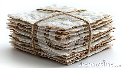professional product display features square recycled paper tag attached natural hemp string. bright lighting emphasizes Stock Photo