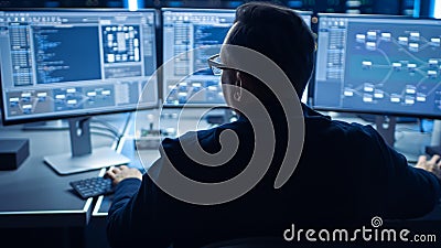 Professional IT Programer Working in Data Center on Desktop Computer with Three Displays, Doing De Stock Photo